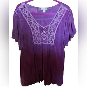 One World Purple Boho Top XL Embroidered Beaded Flowy Blouse